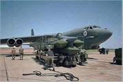 Six unarmed Advanced Cruise Missiles (ACM) are loaded onto a B-52H bomber at Barksdale Air Force Base in Louisiana.